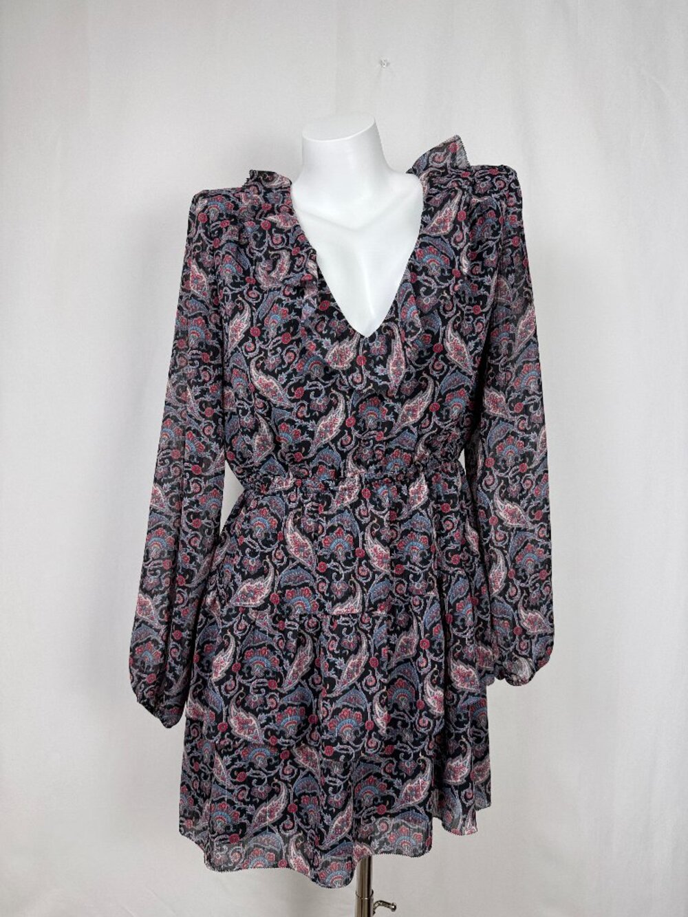 Little Moon Aritzia Women L Paisley V-Neck Ruffle Tiered Mini Dress Long Sleeve